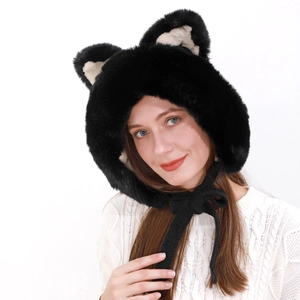 Close-up of plush cat ear winter hat with cozy beige lining and chin straps