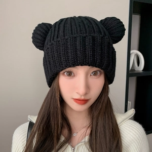 Cute black knit beanie with bear ears, thick warm winter hat for women in cold weather
