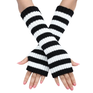 Close-up of black and white striped knitted long fingerless arm warmers for Y2K style