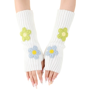 White knit fingerless gloves with floral embroidery for women in Y2K style sleeves