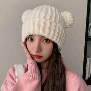 Chic beige knitted beanie with bear ears for women, cozy winter fashion headwear