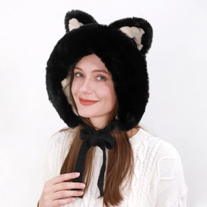 Detail of black faux fur cat ear hood hat with beige inner lining and chin tie