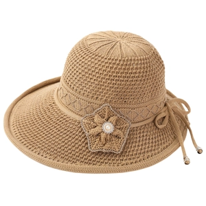 Summer khaki woven sun hat for elderly women with floral accent and pearl ribbon detail