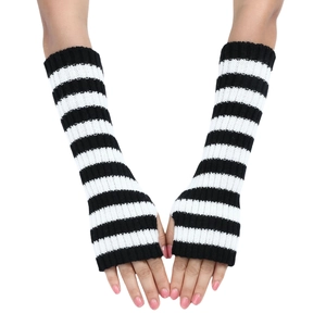 Close-up of black and white striped knit arm warmers with a ribbed texture design