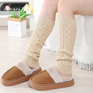 Beige cable knit leg warmers for women with warm winter fuzzy lining indoor slippers