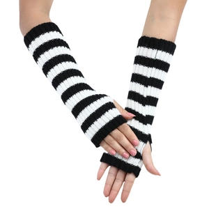 Close-up of black and white striped knitted fingerless arm sleeves with soft texture
