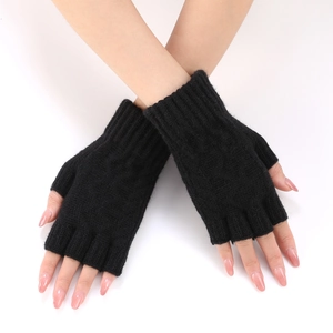 Detailed view of black knitted fingerless arm sleeves with ribbed cuffs for winter warmth
