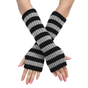 Detailed texture of ribbed knit arm warmer featuring black and grey striped patterns