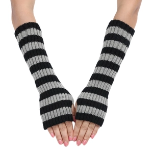 Close-up of black and grey striped knitted arm warmers with ribbed cuffs