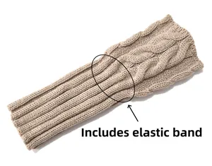 Detail view of oatmeal cable knit leg warmer with built-in elastic band for secure fit