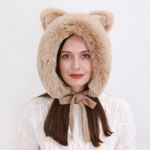 Detail of plush fox ears hat showing fluffy faux fur texture and knit chin straps