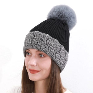 Berretto Donna Invernale Foderato in Pile in Maglia a Blocchi di Colore Cappello di Lana Caldo Con Grande Pompon per Esterno