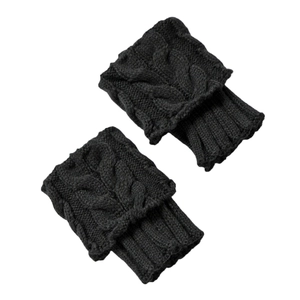 Detail of cable knit pattern and ribbed cuff on these warm black leg warmers