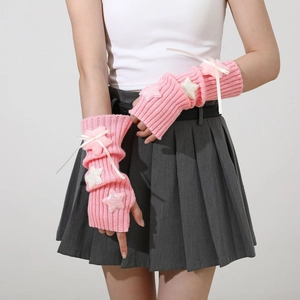 Pink Y2K arm warmer with sequined stars and white ribbon bows for sweet winter style