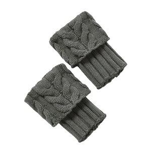 Deep grey cable knit leg warmers with fold-over cuff design for winter boots