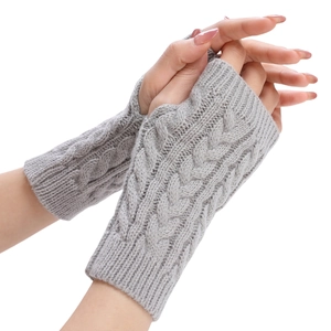 Women's light grey cable knit arm warmers and fingerless gloves for winter warmth