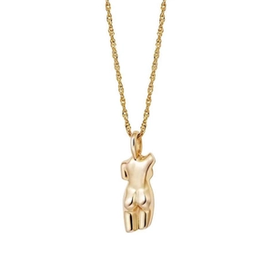 Detailweergave van de gepolijste gouden ketting met vrouwelijk torso-ontwerp en touwketting