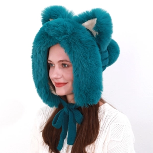 Women Cute Fox Ear Plush Hat Winter Warm Faux Fur Earflap Knitted Trapper Hat With Tie Lace Pom Pom Ear Protection Cap
