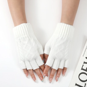 Detail of white cable knit arm warmers for women showing soft texture and ribbed cuffs