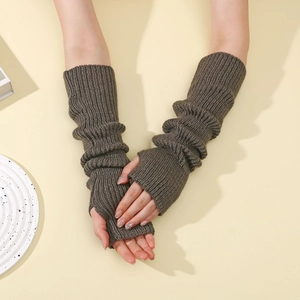 Detail of dark coffee knit arm warmer with thick ribbed texture and thumb hole