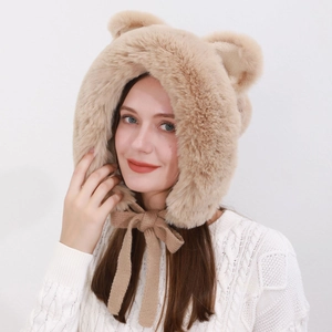 Furry winter trapper hat with cute ears and knit ties in light khaki faux fur