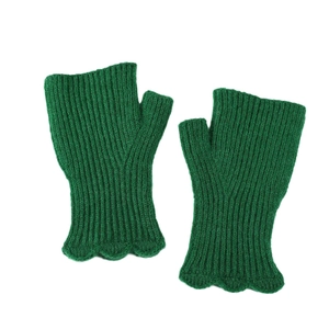 Dark green knitted fingerless gloves with ribbed texture and decorative wavy edges