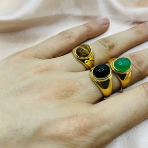 Vintage Edelstahl 18K Vergoldeter Ring Für Damen Herren Mit Natur Tigerauge Schwarz Grün Achat Oval Edelstein Siegelring Fingerring