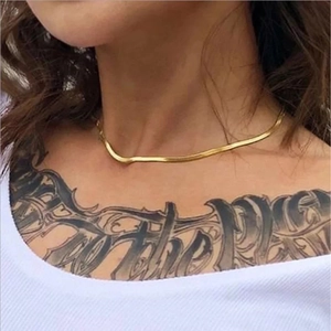 Primer plano de un collar de cadena plana tipo serpiente dorada sobre top acanalado
