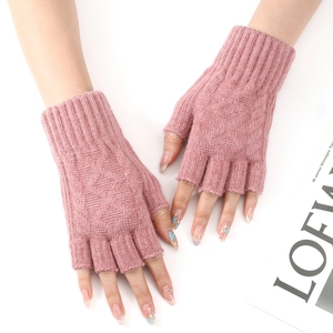 Pink knitted fingerless arm warmers for women featuring a stylish diamond knit pattern
