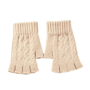 Beige cable knit arm warmers with thumb holes and ribbed cuffs for women
