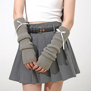 Mitaines tricotées Y2K grises avec nœuds en soie blanche style académique pour femmes