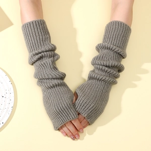 Long grey ribbed knit fingerless arm warmers for women in a Y2K stylish winter design
