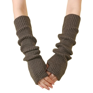 Brown knit y2k fingerless arm warmers featuring ribbed cuffs and slouchy textured style