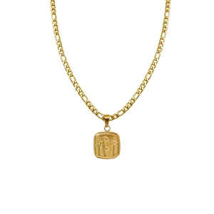 Gouden Figaro-ketting met vintage vierkante hanger met bloemenreliëf voor dames