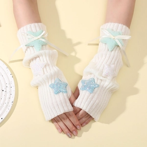 Women Y2K Star Knitted Arm Sleeves Sweet JK Fingerless Gloves With Plush Star Satin Ribbon Bow Aesthetic Winter Warm Hand Warmer