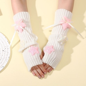 Y2K knit arm warmers in cream with plush pink stars and white silk bows decoration