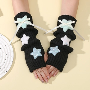 Y2K black knit arm warmers with plush stars, satin bows and glitter star patches