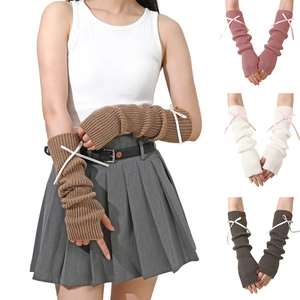 Mitaines Longues Y2K pour Femmes avec Nœud en Ruban Tricot Côtelé Gants de Bras Balletcore JK Accessoire d'Hiver Chaud