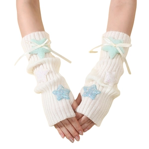 Y2K white knit arm warmers featuring plush green stars and elegant white ribbons