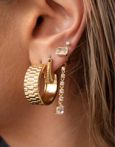 Boho-Ohrring-Set vergoldet mit breiten Texturbändern und eleganten Tropfenkristallen