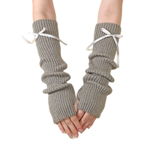 Mitaines tricotées gris clair avec nœud en satin blanc de style empilé Y2K