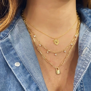 Drielagige 18k vergulde Cubaanse ketting set met tijger hanger en slotje voor dames