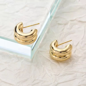Pendientes Vintage de Acero Inoxidable con Forma de C y Doble Aro para Mujer Bañados en Oro de 18K Plata Joyería