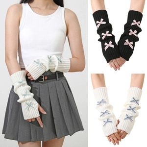 Women's Y2K knit arm warmers with ribbon bows in white, black and beige colors