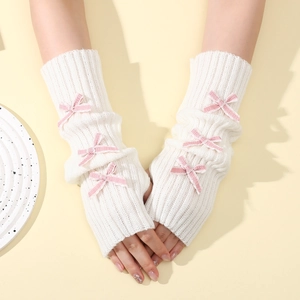 White Y2K knit arm warmers with cute pink striped bows and fingerless design