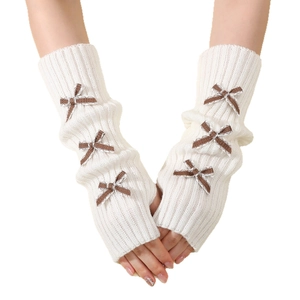 Cream knit arm warmers with brown checkered bows in Y2K style on white background