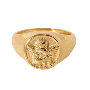 Anello a sigillo vintage francese placcato oro 18K con angelo in rilievo 3D dettagliato