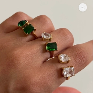18K Verguld Roestvrij Staal Verstelbare Ring Vrouwen Emerald Slijpvorm Groen Wit Zirkonia Toi Et Moi Geometrische Sieraden