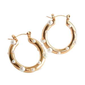 Boucles d'oreilles créoles rétro plaquées or 18 carats avec incrustations de perles