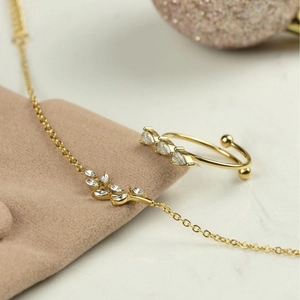 18K Verguld Roestvrij Staal Blad Hanger Halsketting Armband Open Ring Voor Vrouwen Groen Wit Zirkonia Ingelegde Elegante Sieraden